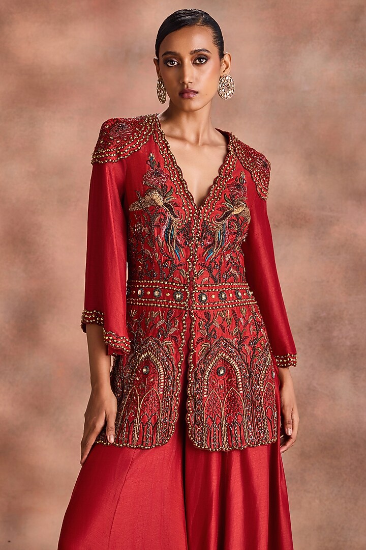 Rust Mori Silk Embroidered Co-Ord Set by Supria Munjal at Pernia's Pop Up Shop