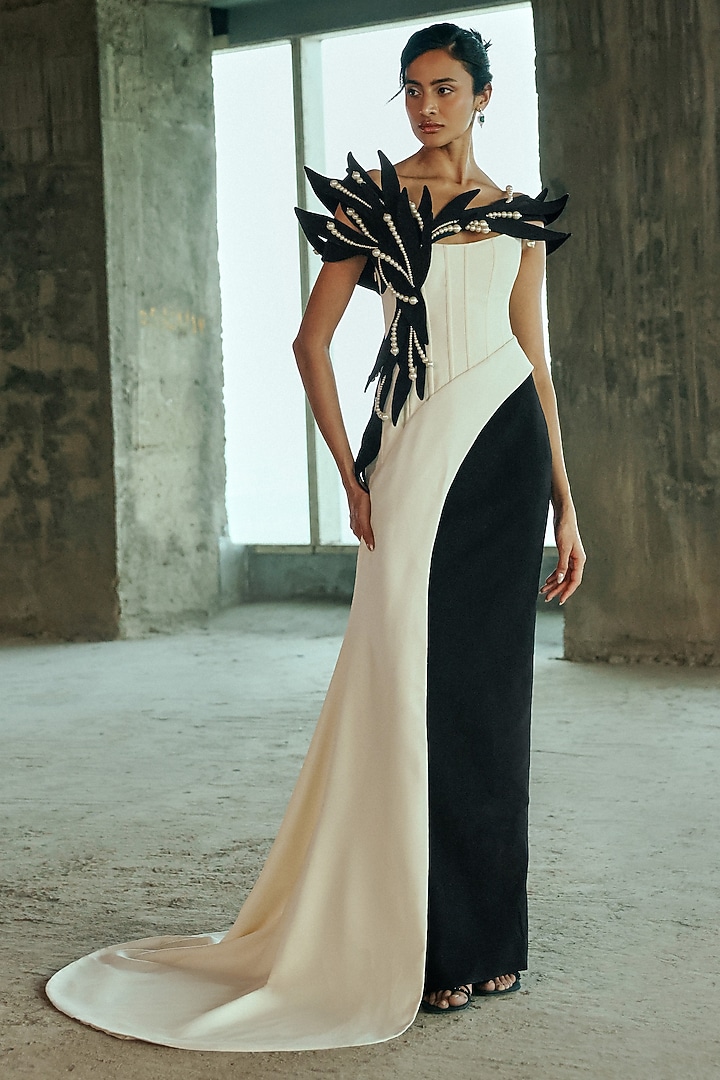 Whisper White & Black Crepe Pearl Embellished Corset Bridal Gown by Supria Munjal at Pernia's Pop Up Shop