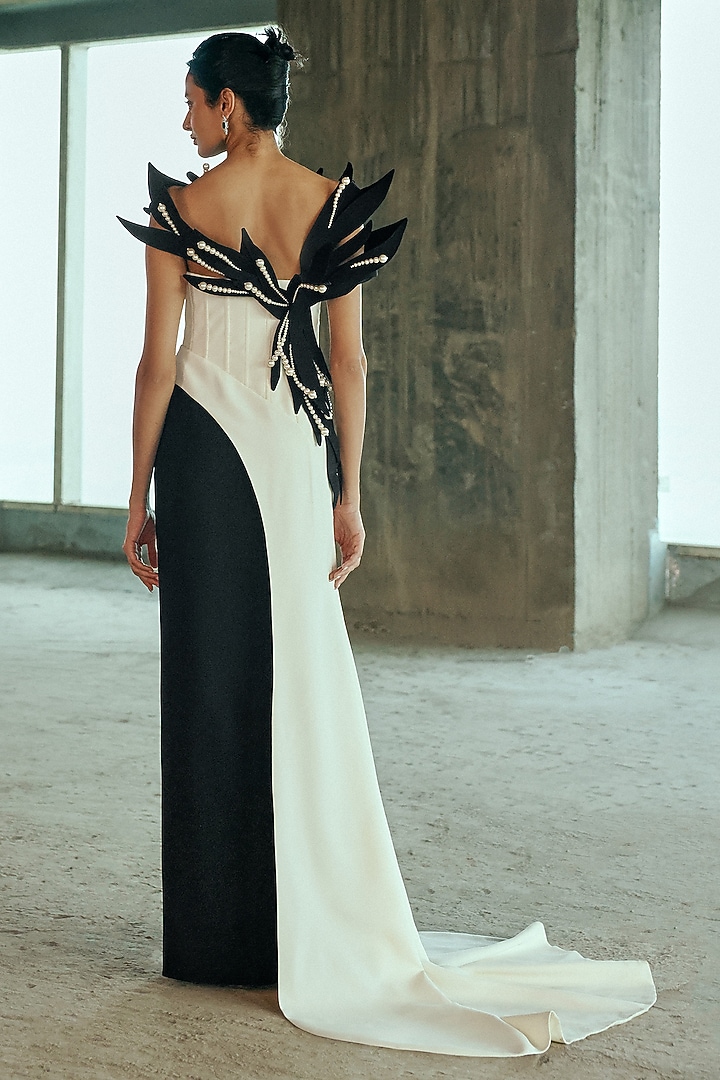 Whisper White & Black Crepe Pearl Embellished Corset Bridal Gown by Supria Munjal at Pernia's Pop Up Shop