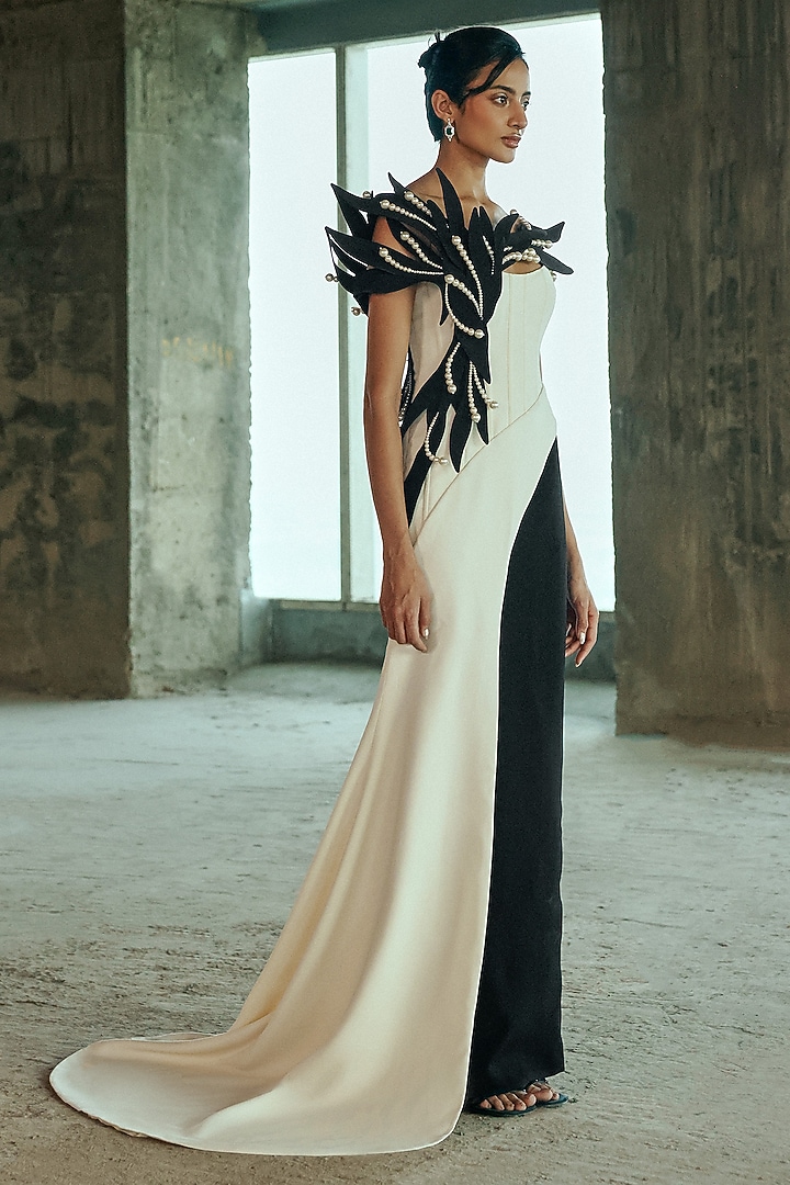 Whisper White & Black Crepe Pearl Embellished Corset Bridal Gown by Supria Munjal at Pernia's Pop Up Shop