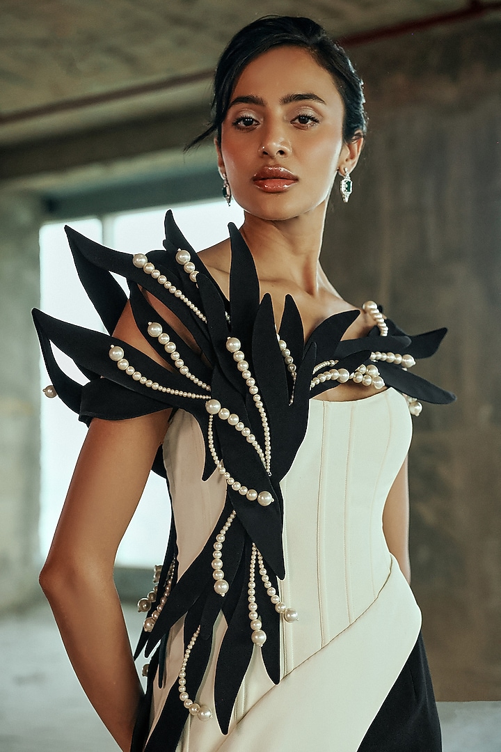 Whisper White & Black Crepe Pearl Embellished Corset Bridal Gown by Supria Munjal at Pernia's Pop Up Shop