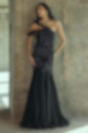 Black Organza Applique Embellished Strapless Bridal Gown by Supria Munjal at Pernia's Pop Up Shop