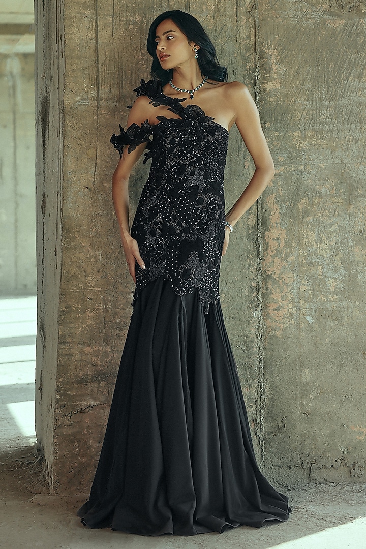 Black Organza Applique Embellished Strapless Bridal Gown by Supria Munjal at Pernia's Pop Up Shop