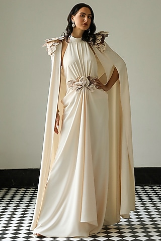 Off-White Crepe & Polyester Gown by Supria Munjal