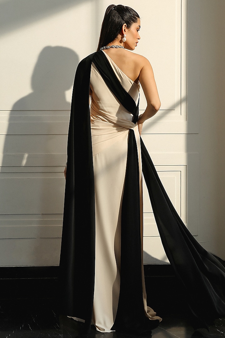 Black & White Crepe Draped One-Shoulder Wedding Gown by Supria Munjal at Pernia's Pop Up Shop