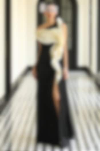 Black & Off-White Crepe Asymmetric Wedding Gown by Supria Munjal at Pernia's Pop Up Shop