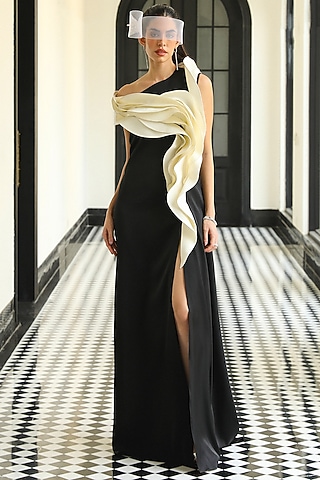 Black & Off-White Crepe Asymmetric Gown by Supria Munjal