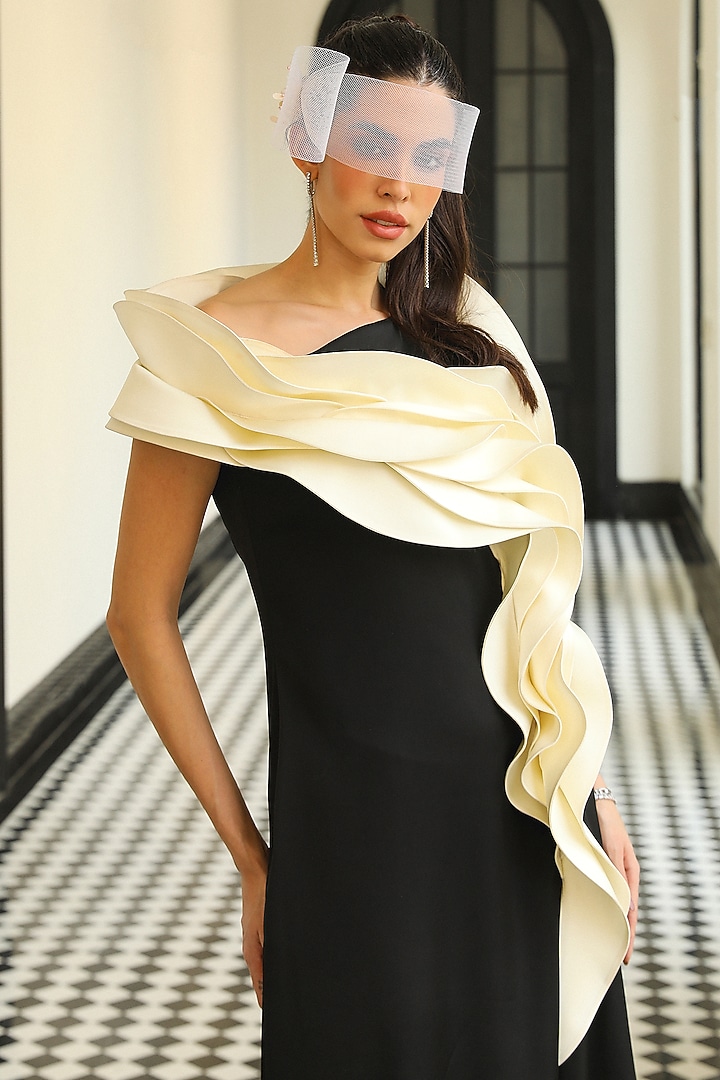 Black & Off-White Crepe Asymmetric Wedding Gown by Supria Munjal at Pernia's Pop Up Shop