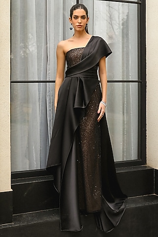 Black Crepe & Polyester Draped Gown by Supria Munjal