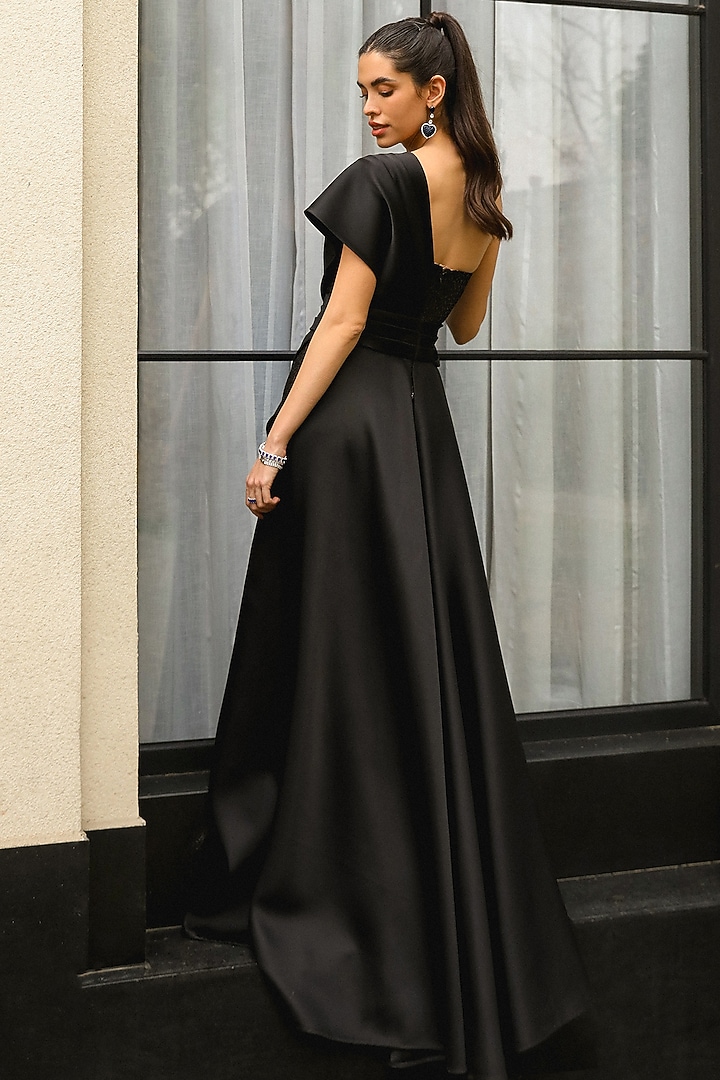 Black Crepe & Polyester Draped Wedding Gown by Supria Munjal at Pernia's Pop Up Shop