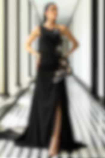 Black Polyester & Crepe One-Shoulder Wedding Gown by Supria Munjal at Pernia's Pop Up Shop