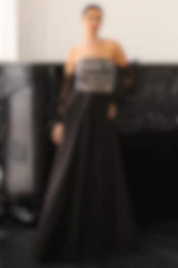 Black Taffeta & Polyester Off-Shoulder Wedding Gown by Supria Munjal at Pernia's Pop Up Shop