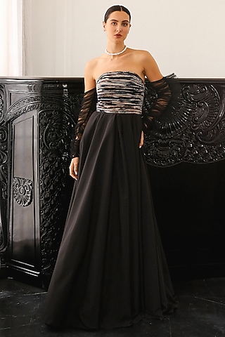 Black Taffeta & Polyester Off-Shoulder Gown by Supria Munjal