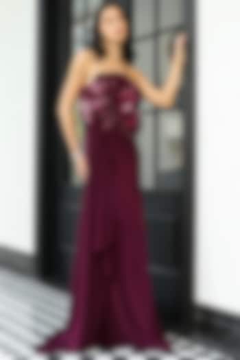 Wine Polyester & Crepe Off-Shoulder Wedding Gown by Supria Munjal at Pernia's Pop Up Shop