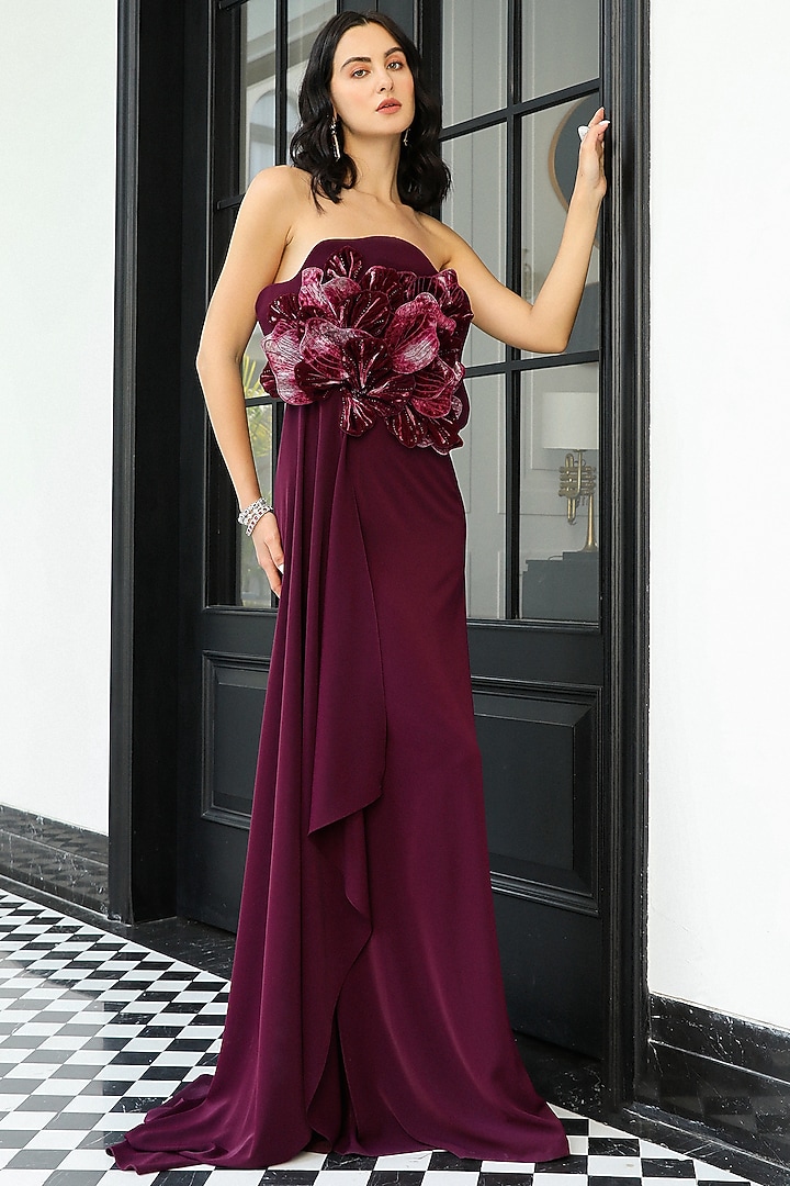 Wine Polyester & Crepe Off-Shoulder Wedding Gown by Supria Munjal at Pernia's Pop Up Shop