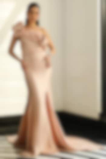 Peach Crepe & Polyester One-Shoulder Wedding Gown by Supria Munjal at Pernia's Pop Up Shop