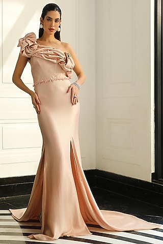 Peach Crepe & Polyester One-Shoulder Gown by Supria Munjal
