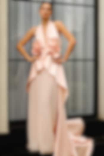 Peach Crepe & Polyester Draped Wedding Gown by Supria Munjal at Pernia's Pop Up Shop