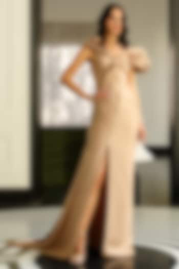 Sand Gold Crepe & Polyester Embellished Wedding Gown by Supria Munjal at Pernia's Pop Up Shop