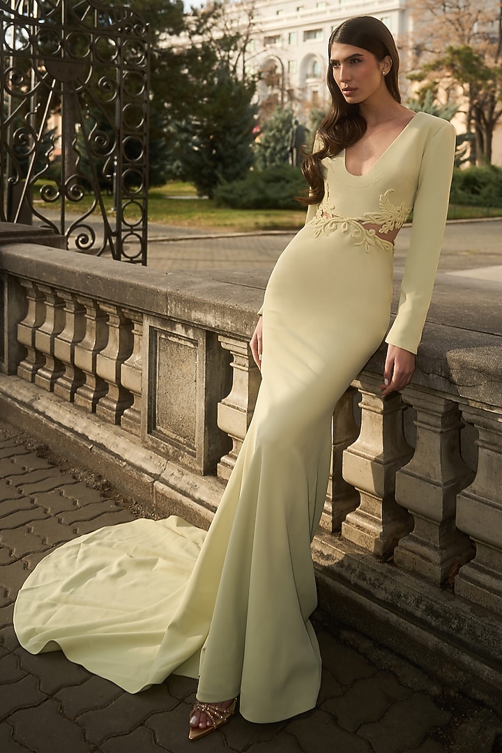 Lily Green Crepe Mermaid Wedding Gown by Supria Munjal at Pernia's Pop Up Shop