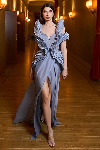 Silver-Blue Organza Gown by Supria Munjal