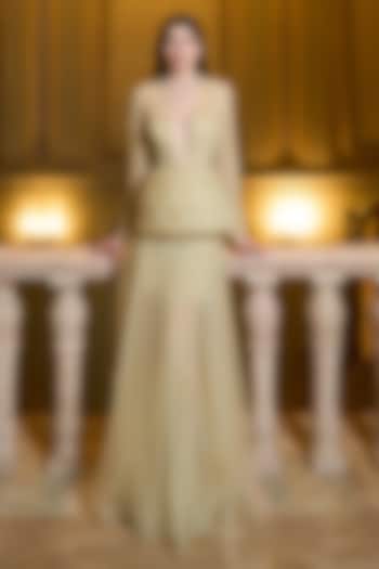 Dusty Yellow Tulle Pearl Embellished Peplum Wedding Gown by Supria Munjal at Pernia's Pop Up Shop