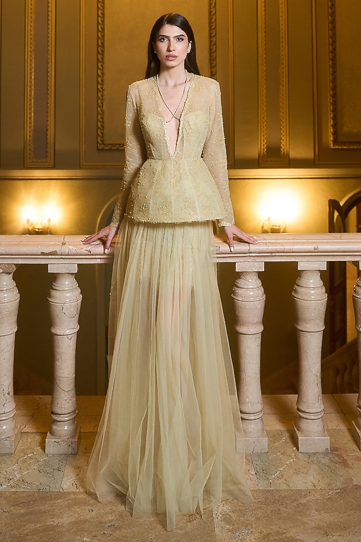 Dusty Yellow Tulle Pearl Embellished Peplum Wedding Gown by Supria Munjal at Pernia's Pop Up Shop