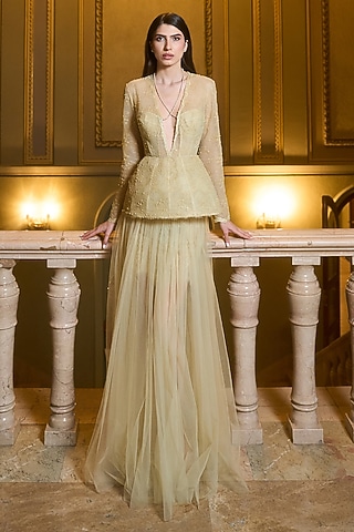 Dusty Yellow Tulle Pearl Embellished Peplum Gown by Supria Munjal