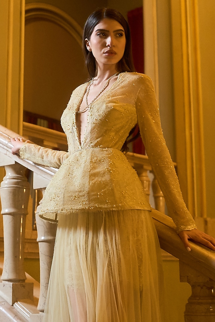 white and gold peplum dress Elegant Gold Skirt Suit with High-Low Peplum Jacket and Flare Sleeves