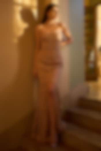 Nude Beige Mesh Embellished Strapless Bridal Gown by Supria Munjal at Pernia's Pop Up Shop