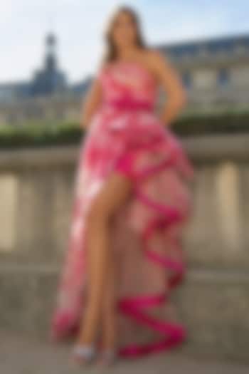 Pink Tie-Dye Organza High-Low One-Shoulder Wedding Gown by Supria Munjal at Pernia's Pop Up Shop