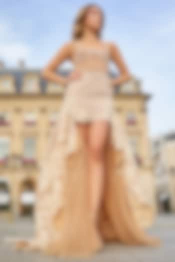 Nude & Off-White Lace Fabric Floral Applique Trail Wedding Gown by Supria Munjal at Pernia's Pop Up Shop