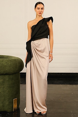 Feather Grey & Black Crepe One-Shoulder Gown by Supria Munjal