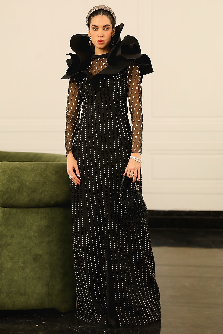 Black Polyester & Crepe A-Line Wedding Gown by Supria Munjal at Pernia's Pop Up Shop