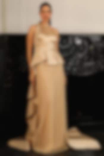 Sand Gold Polyester & Crepe Halter Wedding Gown by Supria Munjal at Pernia's Pop Up Shop