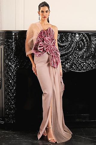 Primrose Pink Polyester & Taffeta One-Shoulder Gown by Supria Munjal