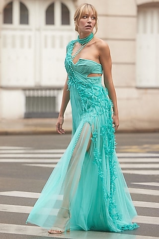 Aqua Green Organza Embellished One-Shoulder Gown With Overlay by Supria Munjal