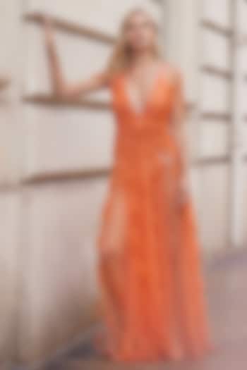 Orange Organza Hand Embellished Wedding Gown With Overlay by Supria Munjal at Pernia's Pop Up Shop