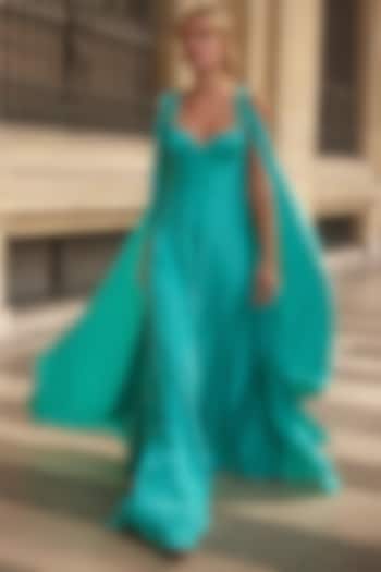 Aqua Green Satin Pearl Embellished A-Line Engagement Gown by Supria Munjal at Pernia's Pop Up Shop