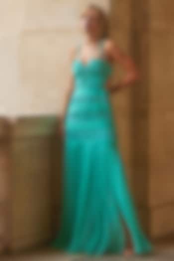 Aqua Green Chiffon Structured Wedding Gown by Supria Munjal at Pernia's Pop Up Shop