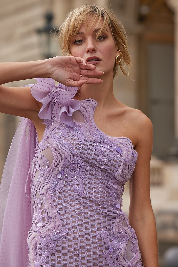 Lilac Lace sequins Embellished One-Shoulder Asymmetrical Party Wear Dress by Supria Munjal at Pernia's Pop Up Shop