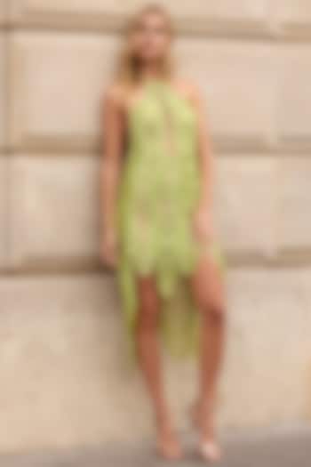 Lime Green Fringe Threadwork Asymmetrical Party Wear Dress by Supria Munjal at Pernia's Pop Up Shop