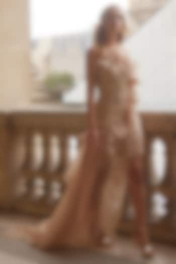 Beige Lace Pearl Embroidered Asymmetrical Ruffled Party Wear Dress by Supria Munjal at Pernia's Pop Up Shop