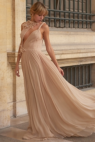 Beige Pleated Chiffon Gown by Supria Munjal