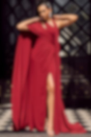 Wine Crepe Asymmetric Draped Wedding Gown by Supria Munjal at Pernia's Pop Up Shop