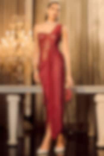 Wine Fringe Embellished One-Shoulder Party Wear Dress by Supria Munjal at Pernia's Pop Up Shop