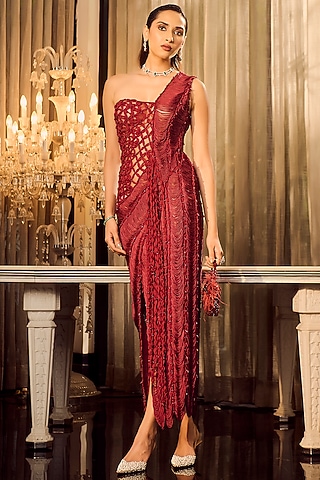 Wine Fringe Embellished One-Shoulder Dress by Supria Munjal
