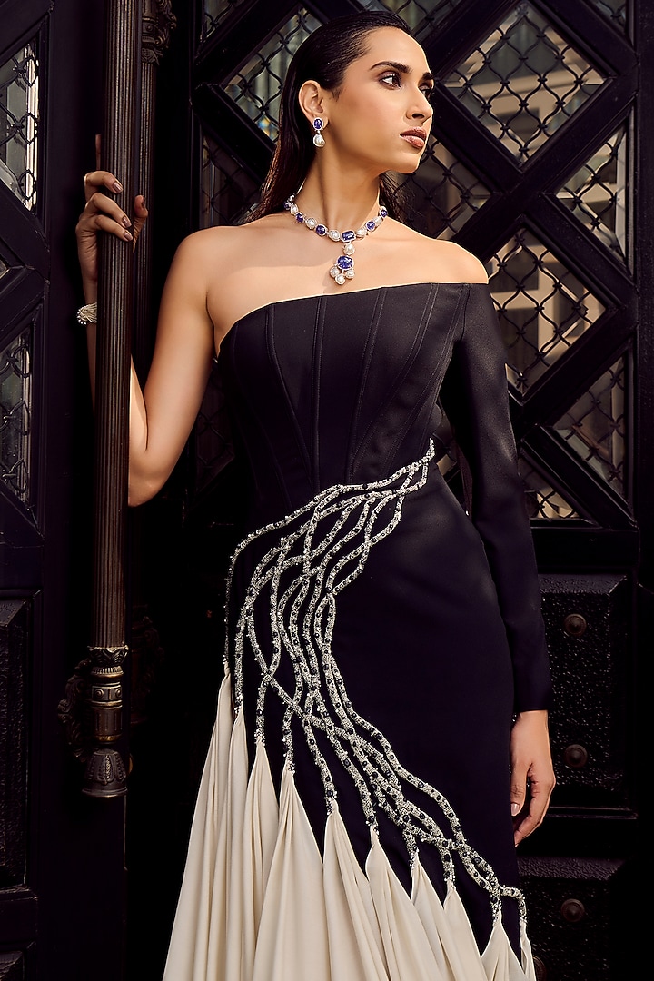 Black & Ivory Crepe Asymmetric Bridal Gown by Supria Munjal at Pernia's Pop Up Shop