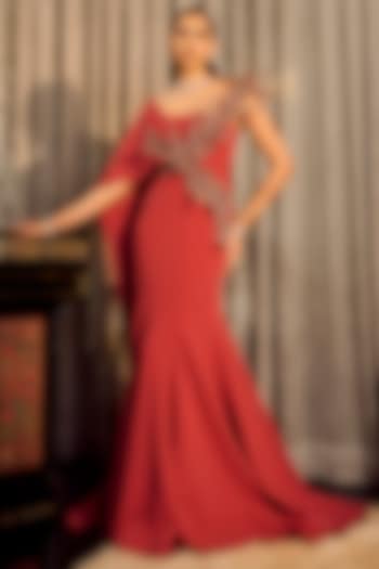 Rust Crepe One-Shoulder Draped Mermaid Wedding Gown by Supria Munjal at Pernia's Pop Up Shop