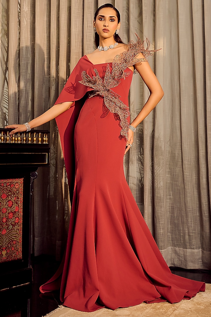 Rust Crepe One-Shoulder Draped Mermaid Wedding Gown by Supria Munjal at Pernia's Pop Up Shop